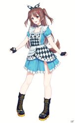 Rule 34 | 1girl, absurdres, arm at side, arms at sides, black choker, black gloves, black hairband, blue dress, blush, bone hair ornament, boots, bow hairband, brown eyes, brown footwear, brown hair, checkered clothes, checkered hairband, checkered skirt, choker, commentary request, cross-laced footwear, dog tail, dress, fingerless gloves, full body, gloves, hair between eyes, hair ornament, hairband, hairclip, highres, hololive, inugami korone, inugami korone (wonderland), lace-up boots, long hair, official alternate costume, official alternate hairstyle, open mouth, puffy short sleeves, puffy sleeves, short dress, short sleeves, side slit, simple background, skirt, solo, tail, traveler (artbbt), two side up, virtual youtuber, white background