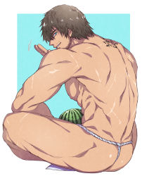 Rule 34 | 1boy, abs, absurdres, adventurer (ff14), ass, back, bara, crossed legs, facial hair, final fantasy, final fantasy xiv, food, fruit, fundoshi, highres, japanese clothes, looking at viewer, looking back, male focus, male underwear, medium hair, muscular, nipples, pectorals, solo, stubble, thick thighs, thighs, two-tone background, underwear, underwear only, warrior of light (ff14), watermelon, waving, white male underwear, zanki