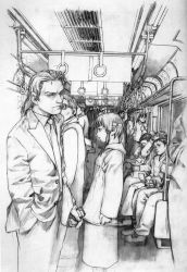 Rule 34 | 1990s (style), 1girl, abe yoshitoshi, absurdres, artbook, greyscale, hair ornament, hairclip, highres, iwakura lain, monochrome, official art, retro artstyle, scan, serial experiments lain, traditional media, train, train interior, vanishing point