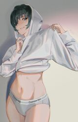 Rule 34 | 1girl, absurdres, black hair, chainsaw man, clothes lift, cowboy shot, eyepatch, grey panties, highres, himeno (chainsaw man), hood, hoodie, jacket, jacket lift, looking at viewer, midriff, panties, parted lips, seies ss, short hair, smile, solo, underwear, white hoodie