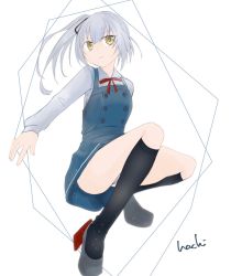 Rule 34 | 1girl, 8 (sandstorm 8), black socks, brown eyes, collared shirt, commentary request, dress, dress shirt, grey hair, grey panties, highres, kantai collection, kasumi (kancolle), kasumi kai ni (kancolle), loafers, long hair, neck ribbon, one-hour drawing challenge, panties, pinafore dress, red ribbon, ribbon, shirt, shoes, side ponytail, sleeveless dress, socks, solo, underwear, white background, white shirt