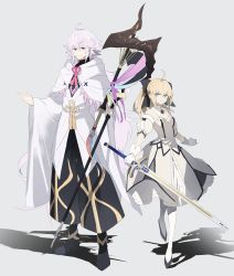 Rule 34 | 1boy, 1girl, absurdres, ahoge, artoria pendragon (all), artoria pendragon (fate), bare shoulders, bishounen, black bow, black footwear, black ribbon, blonde hair, bow, breasts, caliburn (fate), closed mouth, commentary, detached sleeves, dress, fate/grand order, fate (series), flower knot, food, full body, gauntlets, gloves, green eyes, grey background, hair between eyes, hair bow, hair ribbon, hand up, highres, holding, holding food, holding staff, holding weapon, hood, long hair, long sleeves, looking at viewer, merlin (fate), ninjin (ne f g o), ponytail, purple eyes, ribbon, robe, saber lily, shadow, simple background, smile, solo, staff, sword, teacher and student, very long hair, weapon, white dress, white gloves, white hair, white legwear, white robe