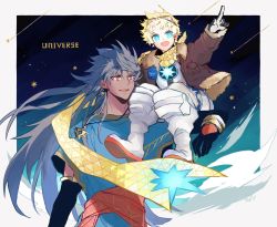 Rule 34 | 2boys, ancient greek clothes, black gloves, blonde hair, blue eyes, blue hair, bomber jacket, carrying, chiton, earrings, fate/grand order, fate (series), gloves, goggles, goggles on head, hally, highres, jacket, jewelry, long hair, multiple boys, pendant, pointing, red eyes, romulus quirinus (fate), sash, scarf, shooting star, shoulder carry, spacesuit, toga, voyager (fate), voyager (third ascension) (fate)