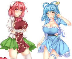Rule 34 | 2girls, ;3, ;d, arm up, bandaged arm, bandages, belt, black belt, blue dress, blue eyes, blue hair, blush, breast hold, breasts, bridal garter, bun cover, chain, chinese commentary, cleavage, collarbone, commentary request, cowboy shot, cuffs, double bun, dress, flower, frills, green skirt, hair between eyes, hair bun, hair ornament, hair ribbon, hair rings, hair stick, high heels, highres, ibaraki kasen, kaku seiga, large breasts, looking at viewer, miniskirt, multiple girls, one eye closed, open mouth, oxfirecar, petticoat, pink eyes, pink flower, pink hair, pink rose, pleated skirt, puffy short sleeves, puffy sleeves, red footwear, red ribbon, ribbon, rose, shackles, shirt, short dress, short hair, short sleeves, sidelocks, simple background, skirt, smile, tabard, thighhighs, thighs, touhou, vest, w, w over eye, white background, white legwear, white shirt, white vest, zettai ryouiki