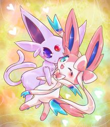 Rule 34 | androgynous, blue eyes, creatures (company), espeon, full body, game freak, gen 2 pokemon, gen 6 pokemon, gender request, gigii2810, gradient background, highres, nintendo, no humans, one eye closed, open mouth, pokemon, pokemon (creature), purple eyes, sylveon