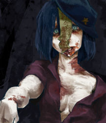 Rule 34 | 1girl, bags under eyes, blood, blue eyes, blue hair, breasts, guro, hat, injury, jiangshi, jitome, koudon, looking at viewer, matching hair/eyes, miyako yoshika, ofuda, open clothes, open shirt, outstretched arm, outstretched arms, rotting, shirt, short hair, short sleeves, simple background, small breasts, solo, star (symbol), touhou, zombie, zombie pose