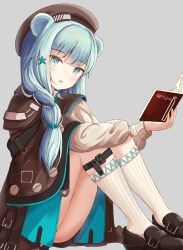 Rule 34 | 1girl, absurdres, animal ears, aqua eyes, aqua hair, arknights, bad id, bad pixiv id, bear ears, belt, book, brown belt, buckle, buttons, cloak, coat, green hair, hair ornament, hairband, hat, highres, holding, istina (arknights), jacket, legband, long sleeves, looking at viewer, necktie, neckwear request, neet, open mouth, ryn (rinorea), shawl, shoes, sitting, skirt, socks, solo, star (symbol), star hair ornament