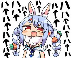 Rule 34 | 1girl, :d, animal ear fluff, animal ears, arrow (symbol), blue hair, blush stickers, bow, braid, brown eyes, carrot hair ornament, chibi, commentary request, detached sleeves, don-chan (usada pekora), dress, food-themed hair ornament, hair bow, hair ornament, hololive, kanikama, looking at viewer, lowres, open mouth, puffy short sleeves, puffy sleeves, rabbit ears, short eyebrows, short sleeves, simple background, smile, solo, strapless, strapless dress, teeth, thick eyebrows, translation request, twin braids, twintails, upper body, upper teeth only, usada pekora, usada pekora (1st costume), virtual youtuber, white background, white bow, white dress, white hair, white sleeves