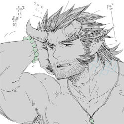 Rule 34 | 1boy, alternate facial hair, armpit hair, bara, broken horn, demon boy, demon horns, facial hair, fang, forked eyebrows, half-closed eyes, hand on own head, horns, large pectorals, long sideburns, lowres, male focus, mature male, mugi (pixiv 187163), muscular, muscular male, mustache, nipples, nude, pectorals, short hair, sideburns, sleepy, solo, spot color, stubble, takemaru (housamo), thick eyebrows, tokyo houkago summoners, translation request, upper body