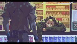 Rule 34 | 2boys, akira kira, black hair, cigarette pack, convenience store, formaggio, from behind, highres, illuso, jojo no kimyou na bouken, leaning on table, long sleeves, multiple boys, product placement, red eyes, shop, short sleeves, solo focus, vento aureo