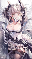 Rule 34 | 1girl, arms up, azur lane, bad id, bad pixiv id, bare shoulders, between breasts, black dress, black thighhighs, blush, bound, breasts, chain, character name, cleavage, clothes lift, cuffs, dated, dress, dress lift, flight deck, formidable (azur lane), frilled dress, frills, grey hair, hair ribbon, handcuffs, highres, jewelry, large breasts, long hair, long sleeves, looking at viewer, matsudamaiko, mouth hold, red eyes, ribbon, rigging, signature, solo, thighhighs, twintails, two-tone dress, two-tone ribbon, very long hair