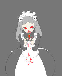 Rule 34 | 1girl, 2016, apron, blood, blood from mouth, blood on face, blood splatter, bloody marie (skullgirls), nosebleed, brooch, dress, from above, grey hair, hair ornament, highres, jewelry, kurokuro (pmnovel), looking at viewer, maid headdress, red eyes, skull hair ornament, skullgirls, solo, twintails