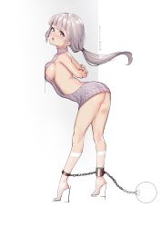 Rule 34 | 1girl, against wall, arched back, arms behind back, ass, backless outfit, ball and chain restraint, bound, bound wrists, breasts, cuffs, dated, drooling, feet, from side, full body, high heels, highres, kneehighs, lactation, large breasts, long hair, low ponytail, meme attire, naked sweater, original, shackles, shebaotower, sideboob, simple background, socks, solo, sweater, tears, virgin killer sweater, white socks