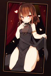 Rule 34 | 1girl, aged down, ahoge, armlet, breasts, brown hair, clothes lift, covered navel, curtains, dress, dress lift, dsr-50 (girls&#039; frontline), dsr-50 (highest bid) (girls&#039; frontline), finger to mouth, girls&#039; frontline, heart, highres, jewelry, mou tama maru, navel, necklace, official alternate costume, red eyes, small breasts, thighs