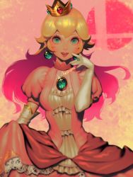 Rule 34 | 1girl, bellhenge, blonde hair, blue eyes, crown, dress, earrings, elbow gloves, gloves, jewelry, long hair, looking at viewer, mario (series), nintendo, open mouth, pink dress, princess peach, simple background, smash ball, smile, solo, super smash bros., white gloves