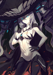 Rule 34 | 10s, 1girl, :o, absurdres, abyssal ship, between breasts, black cape, black gloves, blue eyes, bodysuit, breasts, cannon, cape, contrapposto, covered navel, cowboy shot, covered erect nipples, gloves, hair between eyes, hand on breast, hand on own hip, hand on own chest, headgear, highres, kantai collection, legs apart, lihaojie, long hair, looking at viewer, machinery, medium breasts, monster, open mouth, pale skin, silver hair, skin tight, solo, standing, tentacles, turret, wo-class aircraft carrier