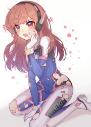 Rule 34 | 1girl, 3:, :o, anger vein, arm support, between thighs, blue bodysuit, blush, bodysuit, brown eyes, brown hair, chinese commentary, commentary request, crying, d.va (overwatch), egg (rxlal), facial mark, frown, gloves, hand on own cheek, hand on own face, hand up, headset, light blush, long hair, looking at viewer, multicolored eyes, on ground, orange eyes, overwatch, overwatch 1, ribbed bodysuit, simple background, sitting, solo, swept bangs, tears, thighhighs, torn bodysuit, torn clothes, trembling, wariza, wavy eyes, whisker markings, white background, white gloves