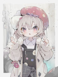 Rule 34 | 1girl, :o, @ @, absurdres, beret, black overalls, blush, border, clothes around waist, commentary, dated commentary, fur-trimmed jacket, fur trim, hair between eyes, hands up, hat, highres, jacket, long sleeves, looking at viewer, nep (nep 76), open clothes, open jacket, open mouth, original, outside border, overalls, pink eyes, purple ribbon, red hat, ribbon, shirt, solo, strap slip, white border, white shirt