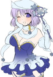 Rule 34 | 1girl, bad id, bad pixiv id, breasts, elbow gloves, female focus, gloves, large breasts, letty whiterock, light purple hair, snowflakes, solo, staff, touhou