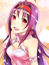 Rule 34 | 1girl, :d, ahoge, arm ribbon, breasts, cleavage cutout, clothing cutout, hair between eyes, halterneck, headband, long hair, looking at viewer, mady (madine08260), open mouth, purple hair, red eyes, red headband, ribbon, sleeveless, small breasts, smile, solo, sword art online, upper body, very long hair, white ribbon, yuuki (sao)