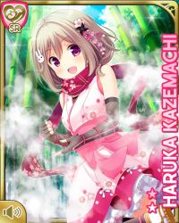 Rule 34 | 1girl, :d, bamboo, bamboo forest, black thighhighs, blush, brown hair, character name, day, dress, forest, girlfriend (kari), japanese clothes, kazemachi haruka, kunoichi, looking at viewer, nature, official art, open mouth, outdoors, pink dress, pink eyes, pink neckwear, qp:flapper, scarf, short hair, smile, smoke, solo, tagme, thighhighs