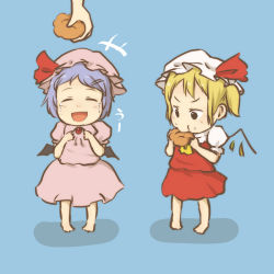 Rule 34 | 2girls, barefoot, bat wings, blonde hair, blue hair, chi-kun (seedyoulater), chii-kun (seedyoulater), child, cookie, cream puff, dress, eating, closed eyes, fang, flandre scarlet, food, food on face, happy tears, hat, hat ribbon, mob cap, multiple girls, open mouth, pink dress, puffy sleeves, red dress, remilia scarlet, ribbon, short sleeves, siblings, side ponytail, sisters, smile, tears, touhou, uu~, wings, aged down