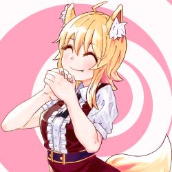 Rule 34 | 1girl, absurdres, ahoge, animal ear fluff, animal ears, asymmetrical hair, black necktie, blonde hair, blush, breasts, brown skirt, brown vest, closed eyes, closed mouth, collared shirt, commentary request, cookie (touhou), cowboy shot, fang, fang out, fox ears, fox girl, fox tail, highres, medium breasts, medium hair, miramikaru riran, necktie, own hands clasped, own hands together, pink background, psychic parrot, shirt, short sleeves, sidelocks, skirt, smile, solo, spiral background, tail, two-tone background, vest, white background, white shirt