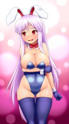 Rule 34 | 1girl, @ @, absurdres, animal ears, blush, breast hold, breasts, cleavage, d.koutya, embarrassed, female focus, gradient background, groin, highres, large breasts, leotard, long hair, looking away, nipples, open mouth, playboy bunny, purple hair, rabbit ears, rabbit girl, red eyes, reisen udongein inaba, skindentation, solo, thighs, touhou