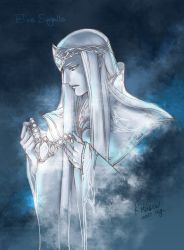 Rule 34 | 1boy, blue eyes, blue theme, character name, closed mouth, crown, dated, elwe, holding, holding jewelry, holding necklace, jewelry, kazuki-mendou, tolkien&#039;s legendarium, long hair, male focus, monochrome, necklace, one-hour drawing challenge, pointy ears, signature, solo, the silmarillion, upper body