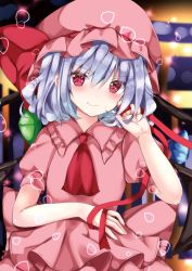 Rule 34 | 2girls, back-to-back, bat wings, blue hair, blurry, blurry background, blush, bokeh, bow, closed mouth, commentary request, crystal, depth of field, dress, flandre scarlet, flat chest, frilled shirt collar, frills, hair between eyes, hand in own hair, hand up, hat, hat bow, holding, holding ribbon, indoors, looking at viewer, mob cap, multiple girls, nanase nao, pink dress, pink eyes, pink headwear, puffy short sleeves, puffy sleeves, red bow, red ribbon, remilia scarlet, ribbon, short hair, short sleeves, smile, solo focus, sparkle, touhou, upper body, v-shaped eyebrows, wings