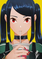 Rule 34 | 1girl, black hair, bracelet, choker, commentary, drinking, drinking straw, ex-trident, highres, jewelry, jill stingray, looking at viewer, milkshake, nail polish, red eyes, solo, twintails, va-11 hall-a, watch, wristwatch, yellow background