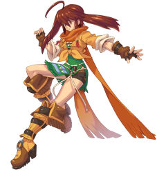 Rule 34 | 1girl, ahoge, boots, brown eyes, brown hair, cropped jacket, fingerless gloves, full body, gloves, knee boots, long hair, official art, orange shirt, sasaki tomomi, scarf, shirt, shorts, shorts under skirt, skirt, solo, strider (wild arms xf), twintails, white background, wild arms, wild arms xf