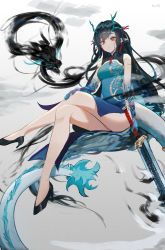 Rule 34 | 1girl, absurdres, aqua dress, arknights, bare legs, bare shoulders, black footwear, black hair, commentary, dress, dusk (arknights), dusk (everything is a miracle) (arknights), high heels, highres, holding, holding sword, holding weapon, horns, long hair, looking at viewer, official alternate costume, oni22, pointy ears, red eyes, sitting, sleeveless, sleeveless dress, solo, sword, tail, thighs, very long hair, weapon