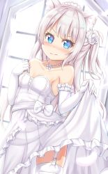 Rule 34 | 1girl, animal ear fluff, animal ears, azur lane, bare shoulders, blue eyes, blush, bow, breasts, bride, cat ears, closed mouth, collarbone, commentary request, day, dress, dutch angle, elbow gloves, flower, frilled dress, frills, garter straps, gloves, hair flower, hair ornament, hammann (azur lane), highres, keiran (ryo170), long hair, looking at viewer, nose blush, one side up, partial commentary, petals, revision, rose, silver hair, skirt hold, small breasts, solo, strapless, strapless dress, sunlight, thighhighs, tiara, v-shaped eyebrows, very long hair, wedding dress, white bow, white dress, white flower, white gloves, white rose, white thighhighs, window