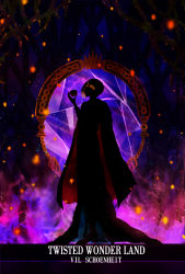 Rule 34 | 1boy, apple, broken glass, broken mirror, cape, character name, copyright name, embers, food, fruit, glass, harada miyuki, highres, holding, holding food, holding fruit, male focus, minimalism, mirror, purple theme, red cape, silhouette, solo, spot color, standing, thorns, twisted wonderland, vil schoenheit