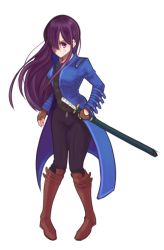 Rule 34 | 1girl, artist request, blue coat, boots, brown footwear, brown gloves, burn scar, coat, cosplay, devil may cry (series), devil may cry 3, fingerless gloves, full body, gloves, hair over one eye, ikezawa hanako, katana, katawa shoujo, knee boots, long coat, long hair, long sleeves, looking at viewer, pants, pigeon-toed, purple eyes, purple hair, scar, sheath, sheathed, smile, solo, sword, transparent background, vergil (devil may cry), vergil (cosplay), very long hair, weapon