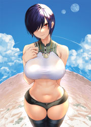 Rule 34 | 1girl, bare shoulders, blue sky, blush, breasts, cleavage, cloud, covered erect nipples, curvy, gingami (giluziru), groin, hair over one eye, highres, large breasts, looking at viewer, monster hunter (series), monster hunter rise, moon, navel, original, purple hair, red eyes, see-through, shirt, short hair, shorts, sky, smile, solo, thighhighs, wide hips
