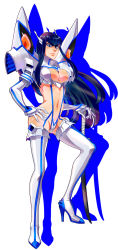 Rule 34 | 10s, 1girl, anzumame, black hair, blue eyes, boots, breasts, cleavage, cleavage cutout, clothing cutout, high heels, highres, junketsu, kill la kill, kiryuuin satsuki, large breasts, long hair, navel, revealing clothes, solo, sword, thigh boots, thighhighs, weapon