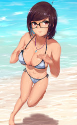 Rule 34 | 1girl, alternate hairstyle, bad id, bad pixiv id, bare shoulders, barefoot, beach, bikini, black-framed eyewear, bob cut, breast suppress, breasts, brown eyes, brown hair, cleavage, closed mouth, covered erect nipples, deep skin, eyelashes, glasses, grey bikini, groin, halterneck, hands on breasts, highres, jewelry, large breasts, leg up, lips, looking at viewer, mei (overwatch), navel, necklace, ocean, outdoors, overwatch, overwatch 1, pink lips, short hair, side-tie bikini bottom, sidelocks, solo, standing, standing on one leg, strap gap, string bikini, swept bangs, swimsuit, thigh gap, underboob, wading, water, waves, wet, wet clothes, wet swimsuit, wujia xiaozi