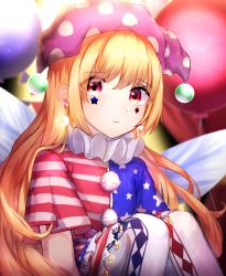 Rule 34 | 1girl, american flag, american flag dress, bad id, bad pixiv id, blonde hair, blurry, blurry background, closed mouth, clownpiece, crescent, crescent earrings, crescent moon, crying, crying with eyes open, dots, earrings, eyebrows, fairy wings, glowing, hat, headwear request, highres, jester cap, jewelry, long hair, moon, mozuno (mozya 7), red eyes, sad, shirt, short sleeves, sitting, skirt, solo, tears, touhou, wings