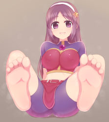 Rule 34 | 1girl, asamiya athena, bare legs, barefoot, breasts, feet, foot focus, full body, highres, large breasts, legs apart, long hair, looking at viewer, open mouth, psycho soldier, purple eyes, purple hair, sitting, smile, snk, soles, solo, spread legs, the king of fighters, toes, unikurage, v legs