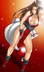 Rule 34 | 1girl, blush, breasts, brown eyes, brown hair, cleavage, full body, gloves, highres, japanese clothes, large breasts, lips, lipstick, long hair, makeup, pelvic curtain, ponytail, revealing clothes, shiranui mai, snk, solo, sweat, take (draghignazzo), the king of fighters