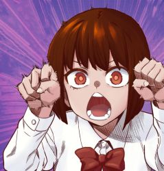 Rule 34 | 1girl, 774 (nanashi), abstract background, clenched hands, colorized, hands up, ijiranaide nagatoro-san, open mouth, orange eyes, purple background, red hair, safety-shark, solo, sunomiya hana, third-party edit