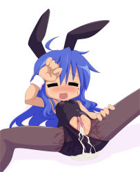 Rule 34 | 1girl, :3, = =, absurdres, after vaginal, aftersex, ahoge, animal ears, blue hair, blush, bow, bowtie, breasts, censored, clitoris, clothing aside, cum, cum in pussy, cum pool, cumdrip, detached collar, closed eyes, fake animal ears, female focus, highres, izumi konata, leotard, leotard aside, long hair, lucky star, mole, mole under eye, mosaic censoring, not call, open mouth, pantyhose, playboy bunny, pussy, pussy juice, rabbit ears, simple background, solo, spread legs, sweat, torn clothes, urethra, white background, wrist cuffs