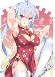Rule 34 | 1girl, ahoge, black panties, breasts, cameltoe, china dress, chinese clothes, cleavage, cleavage cutout, clothing cutout, dress, floating hair, hair between eyes, large breasts, long hair, looking at viewer, matoi (pso2), milkpanda, one eye closed, open mouth, panties, phantasy star, phantasy star online 2, red dress, red eyes, shiny skin, side-tie panties, side-tie peek, silver hair, sleeveless, sleeveless dress, solo, stance, standing, standing on one leg, thighhighs, twintails, underwear, very long hair, white thighhighs