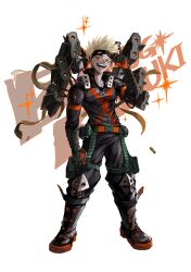 Rule 34 | 1boy, absurdres, alternate eye color, ammunition belt, arm at side, arm up, baggy pants, bakugou katsuki, bangs pinned back, belt, belt feed, birthday, black footwear, black mask, black pants, blonde hair, blush, boku no hero academia, boots, buckle, cable, character name, chimi (2303hero), colored shoe soles, combat boots, commentary request, explosive, eye mask, full body, gloves, gradient text, green gloves, grenade, gun, happy, head tilt, high collar, highres, knee boots, knee pads, korean commentary, legs apart, looking at viewer, machine gun, male focus, mask, mask lift, mask on head, official alternate costume, open collar, open mouth, orange eyes, orange gloves, orange outline, pants, sanpaku, shell casing, short hair, sideways glance, simple background, single horizontal stripe, smile, snap-fit buckle, solo, sparkle, spiked hair, spoilers, standing, sweat, teeth, text background, tsurime, two-tone gloves, undershirt, weapon, white background, wrist guards, x