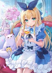 Rule 34 | 1girl, akabane (zebrasmise), apron, armchair, black bow, black ribbon, blonde hair, blue dress, blush, bottle, bow, cat, chair, character doll, closed mouth, collared dress, cowboy shot, cup, cushion, dress, flower, frilled apron, frilled dress, frills, green eyes, hair ribbon, highres, holding, holding cup, holding saucer, indoors, long hair, looking at viewer, mirror, mononobe alice, mononobe alice (1st costume), nijisanji, petals, picture frame, pink flower, pink petals, pocket watch, puffy short sleeves, puffy sleeves, ribbon, saucer, short sleeves, sitting, solo, statue, teacup, vase, virtual youtuber, watch, white apron