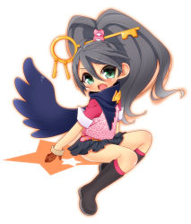 Rule 34 | 1girl, ace attorney, ace attorney investigations, badge, belt, black footwear, black hair, blush, boots, brown gloves, capcom, child, fang, frown, full body, gloves, green eyes, hair ornament, head tilt, high ponytail, inuue kiyu, kay faraday, key, knee boots, kneehighs, long hair, looking at viewer, microskirt, open mouth, outline, pink socks, pleated skirt, ponytail, scarf, simple background, sitting, skirt, sleeves rolled up, socks, solo, star (symbol), teeth, vest, wavy hair, wings