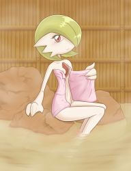 Rule 34 | 1girl, blush, breasts, collarbone, creatures (company), female focus, flashing, game freak, gardevoir, gen 3 pokemon, green hair, hair over one eye, hand up, highres, kurozu (clarion), looking at viewer, navel, nintendo, nipples, onsen, partially submerged, pink towel, pokemon, pokemon (creature), pokemon rse, red eyes, rock, short hair, sitting, small breasts, smile, solo, steam, towel, water