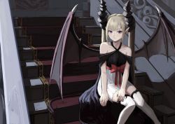 Rule 34 | 1girl, bare shoulders, blonde hair, blush, bow, closed mouth, collarbone, demon girl, demon horns, demon tail, demon wings, fagi (kakikaki), horns, indoors, long hair, looking at viewer, original, pointy ears, purple eyes, red bow, scratches, sitting, solo, stairs, tail, thighhighs, twintails, very long hair, white thighhighs, wings